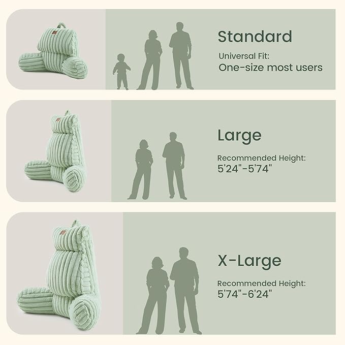 Amélie Home Faux Fur Reading Pillow with Pocket for Sitting in Bed, Adult Backrest Bed Pillow with Washable Cover for Lounging, Study & Relaxing, Sage Green 29 inches