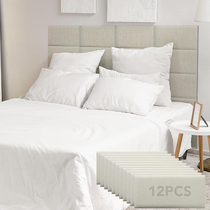 12 Piece Linen Fabric Peel and Stick Headboard, Upholstered Wall Mounted Headboard for Twin, 3D Anti-Collision Soundproof Self-Adhesive Wall Panel for Bedroom 23.62" x 9.84"