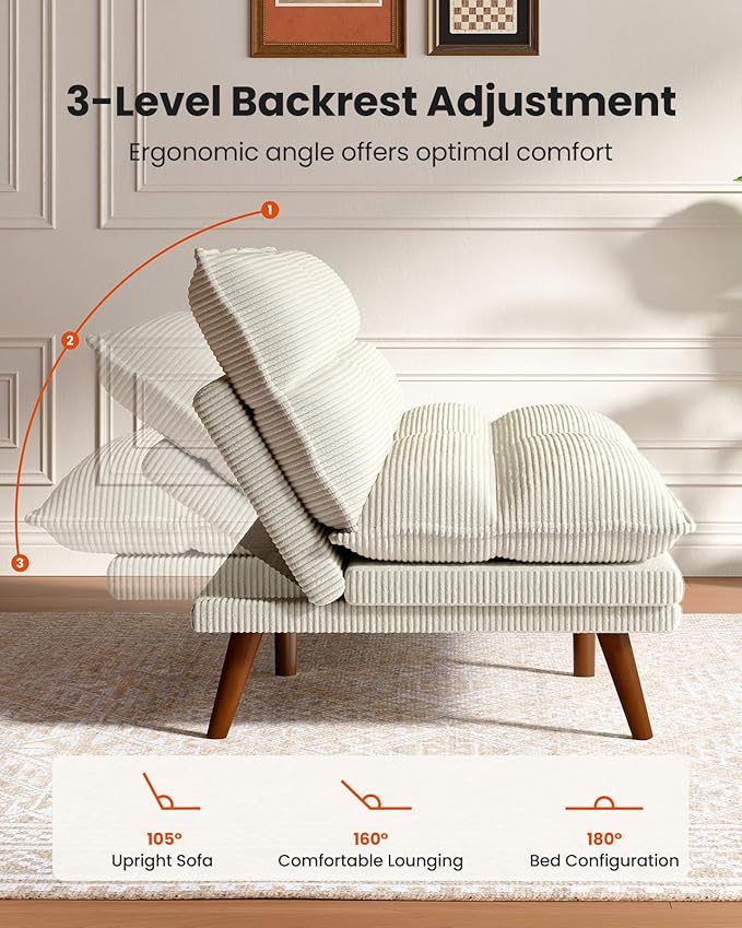 Amada Convertible Futon Sofa Bed - Corduroy Loveseat with Adjustable Backrest & Armrests, Thickened Seat Cushion, Small Space Sleeper Couch for Apartment, Study Room & Office（Off-White，66 Inch ）