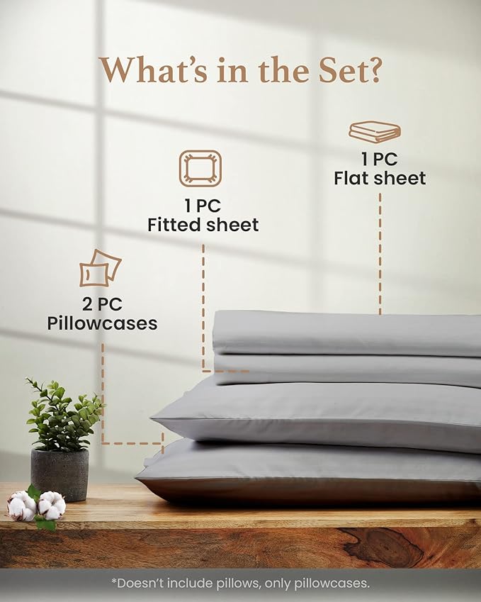 Good Sleep Bedding Twin Sheets - 100% Egyptian Cotton Twin Sheet Set, 4Pc, Sateen Weave, Hotel Quality Size Bed Set, Soft, 16" Deep Pocket Sheets - Light Grey Bedsheets GoodSleepBedding
