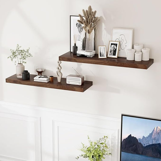 Fun Memories Floating Shelves for Wall, 36 x 9.3 Large Floating Shelf Wall Mounted Set of 2, Rustic Wood Shelves for Bathroom, Kitchen, Living, Heavy-Duty Storage Deep Shelf for Books, Decor, Walnut