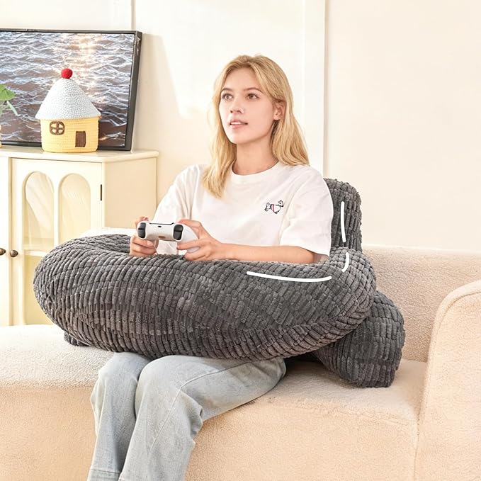 Back Pillow for Bed Sitting Up,U Shaped & Back Support Pillow for Bed,17" Backrest with Lumbar & Arm Support,Comfy Corduroy Fabric,Lap Pillow for Gaming/Reading/Watching TV,Gray