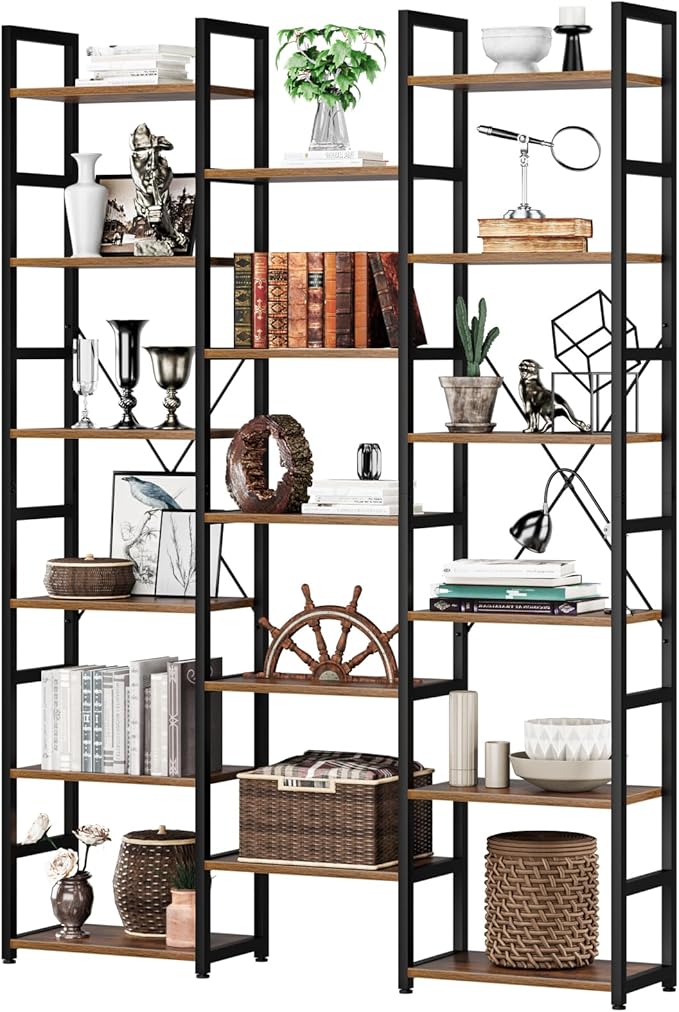 NUMENN 6-Tier Bookshelf Triple Column Bookcase with 17 Adjustable Open Display Shelves, Modern Book Shelves，Rustic Industrial Style Bookshelves for Bedroom, Living Room and Home Office, Vintage