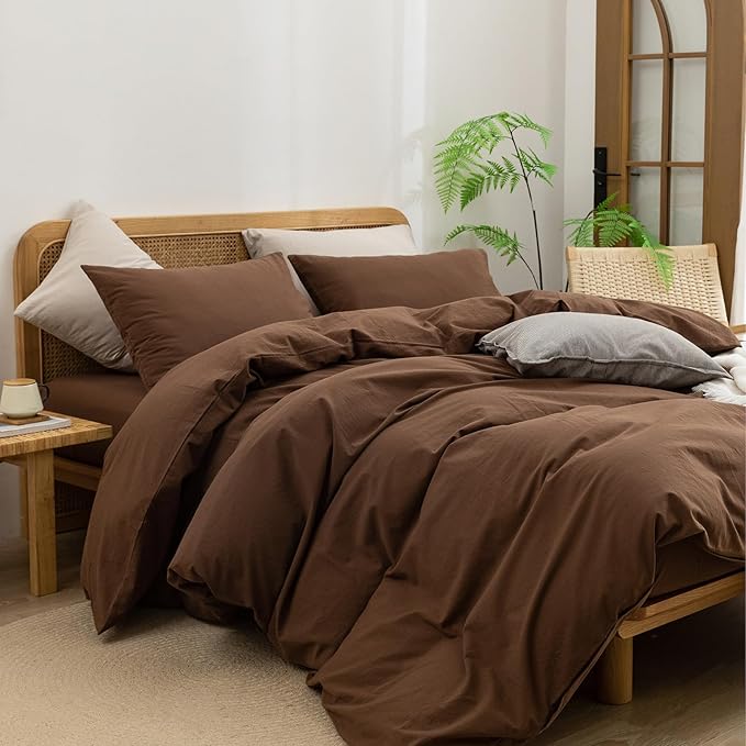 BESTOUCH Duvet Cover Set 100% Washed Cotton Linen Feel Super Soft Comfortable Chic Lightweight 3 PCs Home Bedding Set Solid Cocoa Brown Super King