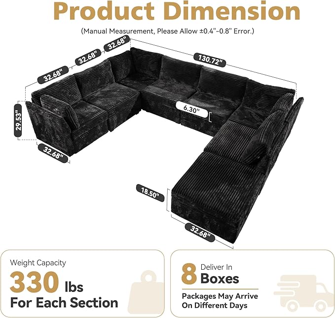 Large 8 Seat Modular Sectional Sofa with Ottoman Seat Corduroy Sleeper Sectional Sofa Bed Oversized Convertible Modular Couch for Living Room