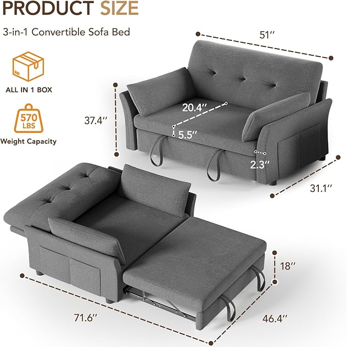 Vipbear Sleeper Sofa with Pull-Out Bed, 3-in-1 Convertible Sofa Bed, Loveseat with Reclining Backrest and Side Pocket for Living Room, Apartment, Tool-Free Assembly, Dark Grey