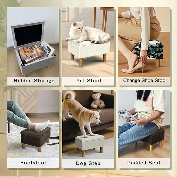 lumizone Small Ottoman with Storage Footstool Compact Foot Rest Stool for Living Room Under-Desk Entryway or Bedroom 10.63" Low-Height Storage Ottoman Cube Lightweight & Stylish (Brown)