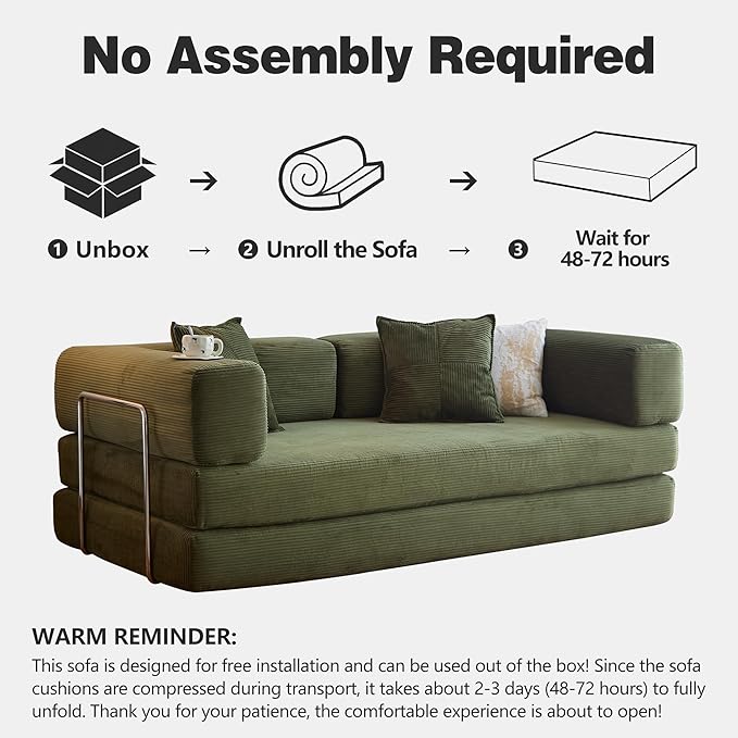 98.4" Convertible Sofa Bed - Compression Sofa with Corduroy Fabric - with Armrests and Backrest - Modular Sectional for Living Room, Bedroom, Studio - Compression Sofa in Box (Green)