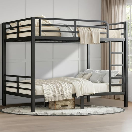 Full Over Full Bunk Bed, Metal Bunk Bed Frame Heavy Duty Bunk Beds Loft Bed Frame with Ladder and Guardrail Metal Slats No Box Spring Required for Adults Teens, Black