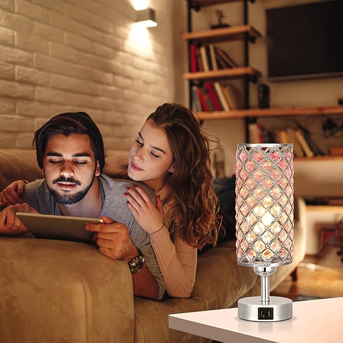 Crystal Table Lamp, Pink Touch Lamp with USB C+A Ports, 3 Way Dimmable Bedroom Light with Crystal Shade, Bedside Nightstand Small Lamp for Girl Bedroom, Living Room(Buld Included)