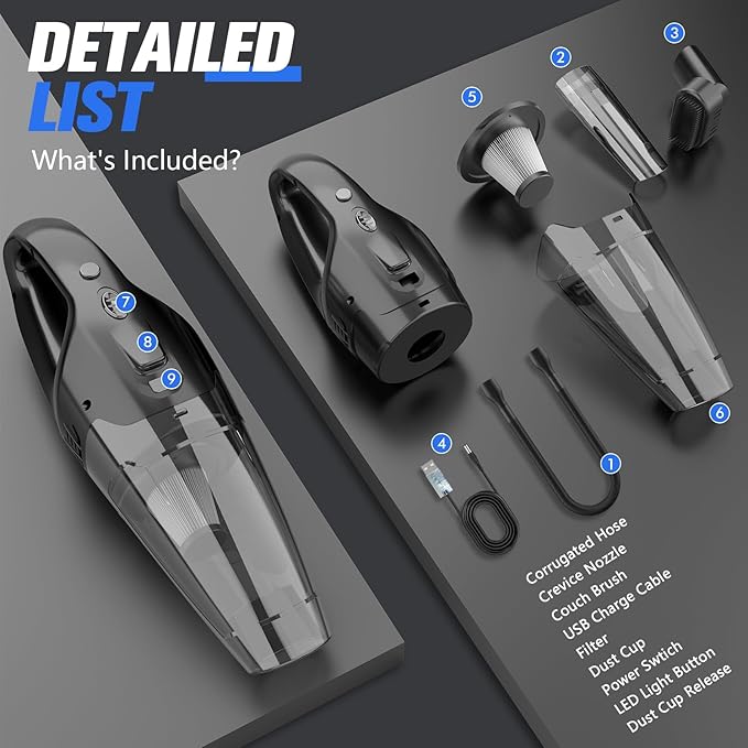Handheld Vacuum Cordless Rechargeable, Car Vacuum Cleaner with LED, USB Charge, 1.65LBs Hand Vacuum Cordless, for Car/Home/Pet