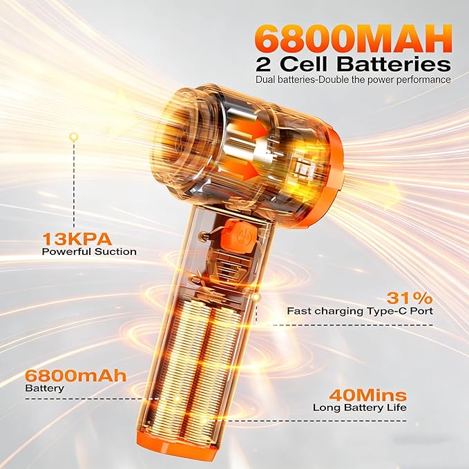 Car Portable Handheld Vacuum Cordless Cleaner with 13000PA Suction, 130000RPM, 6800mAh Battery, 10 Nozzles, Rubber Paint Material for Car, Home, Pet Cleaning（Black Orange）