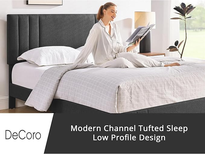 Decoro Chicago Modern Tufted Upholstered Platform Full Size Bed Frame, Dark Grey