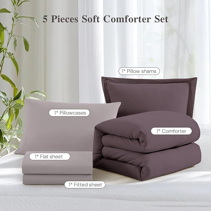 WRENSONGE Twin Comforter Set- 5 Pieces Artic Plum Twin Bed in a Bag, All Season Twin XL Bedding Sets with 1 Fitted Sheet, 1 Flat Sheet, 1 Pillow Sham and 1 Pillowcase