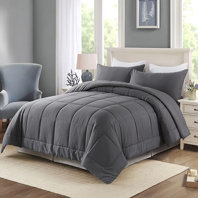 DOWNCOOL Queen Comforter Set -All Season Bedding Comforters Sets with 2 Pillow Cases-3 Pieces Bedding Sets Queen -Down Alternative Grey Queen Size Comforter Sets(88"x92")