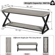 IBF Industrial Wood Entryway Bench, Indoor Farmhouse Hallway Accent Entry Bench for Seating Sitting with Storage, Metal Shoe Rack Grey Bench Organizer in Foyer Bedroom, Light Grey Oak, 47 Inch Long