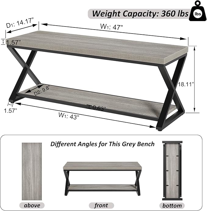 IBF Industrial Wood Entryway Bench, Indoor Farmhouse Hallway Accent Entry Bench for Seating Sitting with Storage, Metal Shoe Rack Grey Bench Organizer in Foyer Bedroom, Light Grey Oak, 47 Inch Long