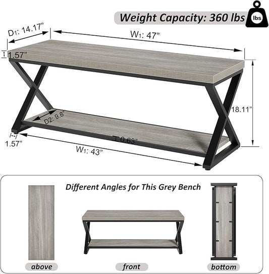 IBF Industrial Wood Entryway Bench, Indoor Farmhouse Hallway Accent Entry Bench for Seating Sitting with Storage, Metal Shoe Rack Grey Bench Organizer in Foyer Bedroom, Light Grey Oak, 47 Inch Long