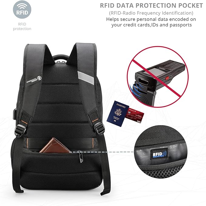 Swissdigital Design Travel Laptop Backpack, College Laptops Backpack with USB Charging Port for Men and Women Fits 16 Inch Notebook, Black | SD1670-01