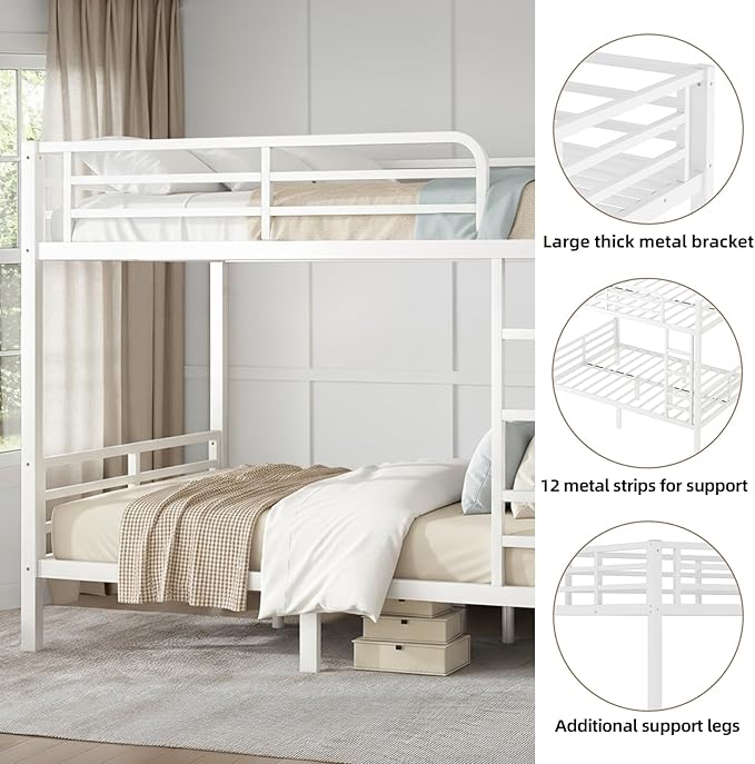 Twin XL Over Twin XL Bunk Bed, Metal Bunk Bed Frame Heavy Duty Bunk Beds Loft Bed Frame with Ladder and Guardrail Metal Slats No Box Spring Required for Adults Teens, White