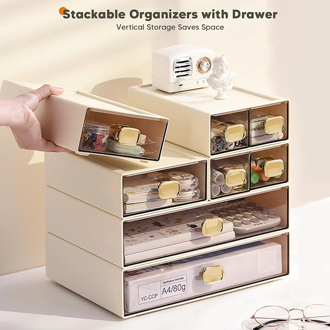 Stackable Desk Organizer with Drawer 13'' Wide Large Desktop Storage Drawer Organizer Clear Plastic Organizer Drawer for Office,Stationery,Cosmetics,Accessories (1 PACK,L-1 Drawer,Cream White)