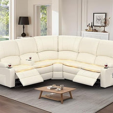 Manual Reclining Sectional Sofa Set, 5 Seats Soft Leather Recliner Corner Sectional Couch, Family-Sized L-Shaped Recliner Couch with USB Charging, Thickened Padding, Sturdy Frame, White