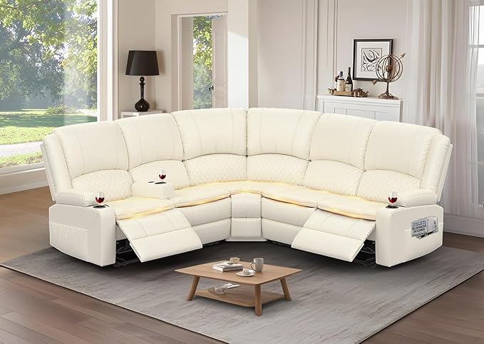 Manual Reclining Sectional Sofa Set, 5 Seats Soft Leather Recliner Corner Sectional Couch, Family-Sized L-Shaped Recliner Couch with USB Charging, Thickened Padding, Sturdy Frame, White
