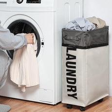 DOKEHOM 25-Inches Slim Laundry Basket on Wheels, Collapsible Rolling Laundry Hamper, Foldable Narrow Corner Clothes Storage Bins (Beige)