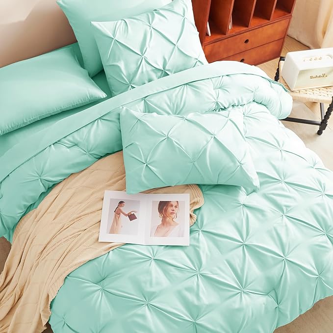 CozyLux King Size Comforter Set Mint Green, 7 Pieces Pintuck Bed in A Bag Green Comforter King Size, Pinch Pleat Bedding Set with All Season Comforter, Flat Sheet, Fitted Sheet, Pillowcases & Shams