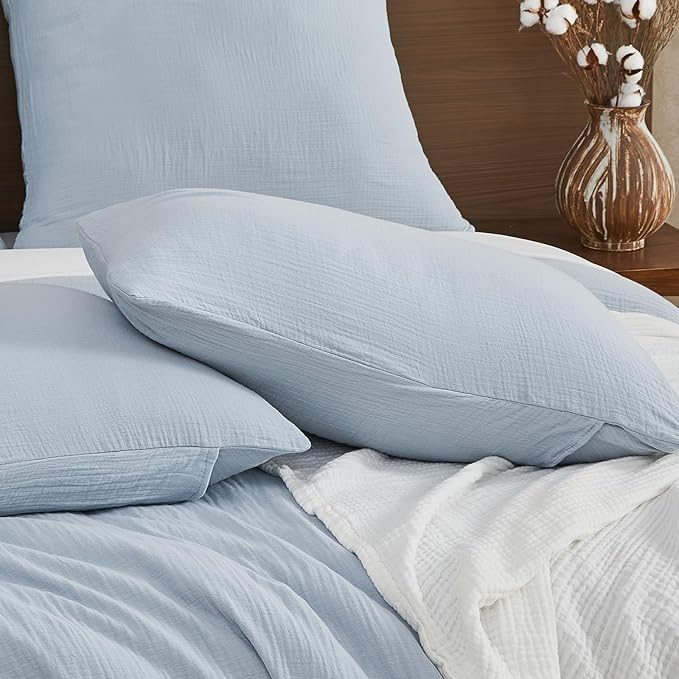EMME Muslin Cotton Duvet Cover Set Blue Queen Size Linen Like Soft Breathable Lightweight Summer Comforter Cover Set with Zipper Closure (Blue, Queen, 90"x90")