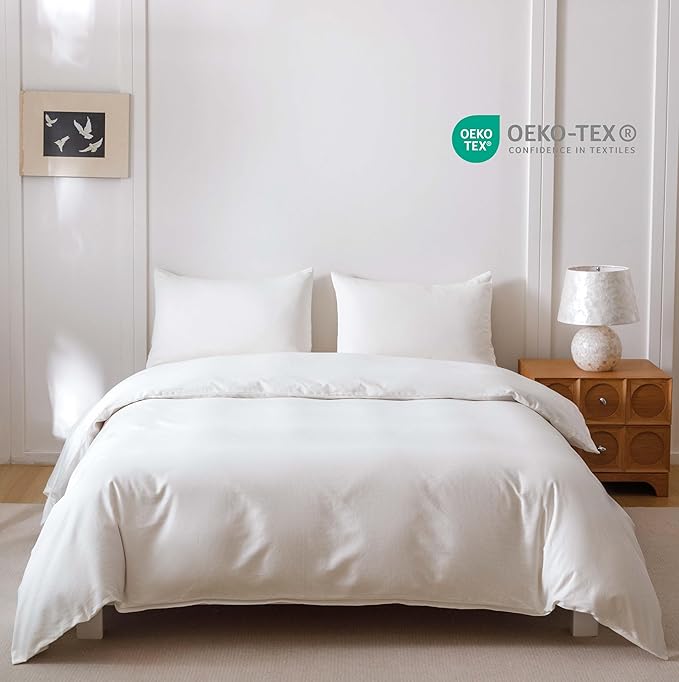 HeimenAogo Egyptian Cotton Duvet Cover Set Queen, Ultra Soft and Breathable Comforter Cover with Zipper Closure, High Thread Count Long Staple Cotton Blanket Cover 3pcs Off-White