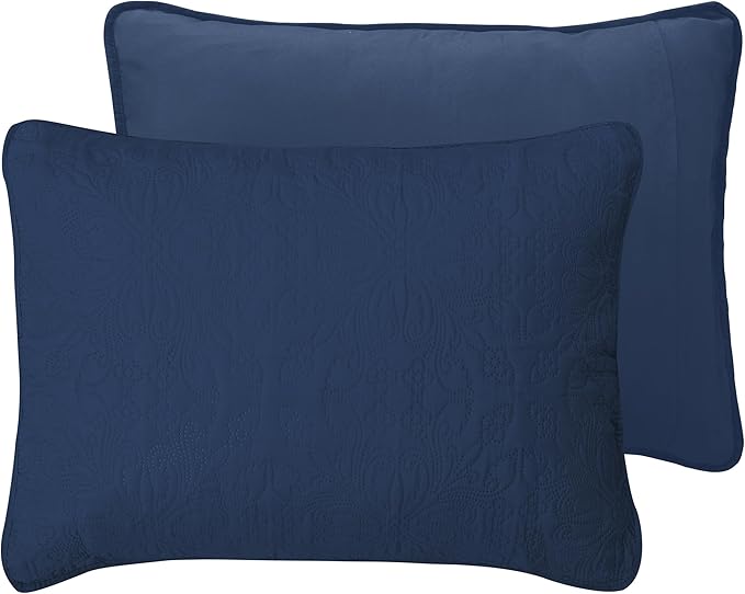 Easy-Going King Size Reversible Quilt Set with 1 Quilt and 2 Pillow Shams, Soft Bed Quilt Cover, Water Resistant Lightweight Microfiber Bedspread, Stain Resistant, Damask-Dark Blue/Light Blue