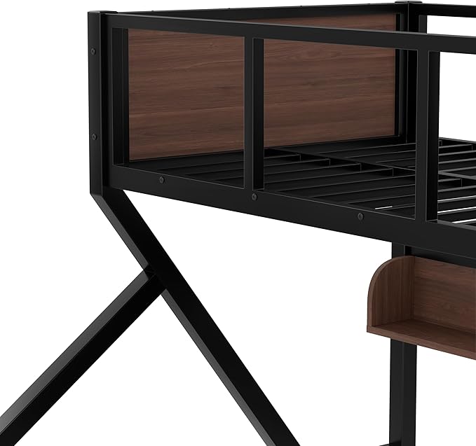 Bellemave Twin XL Over Queen Bunk Bed with Shelves, Metal Bunk Beds with Ladders and Lights, Heavy-Duty Bunkbed for Bedrooms, Guest Rooms and Dorms, No Box Spring Needed and Noise-Free Design, Black