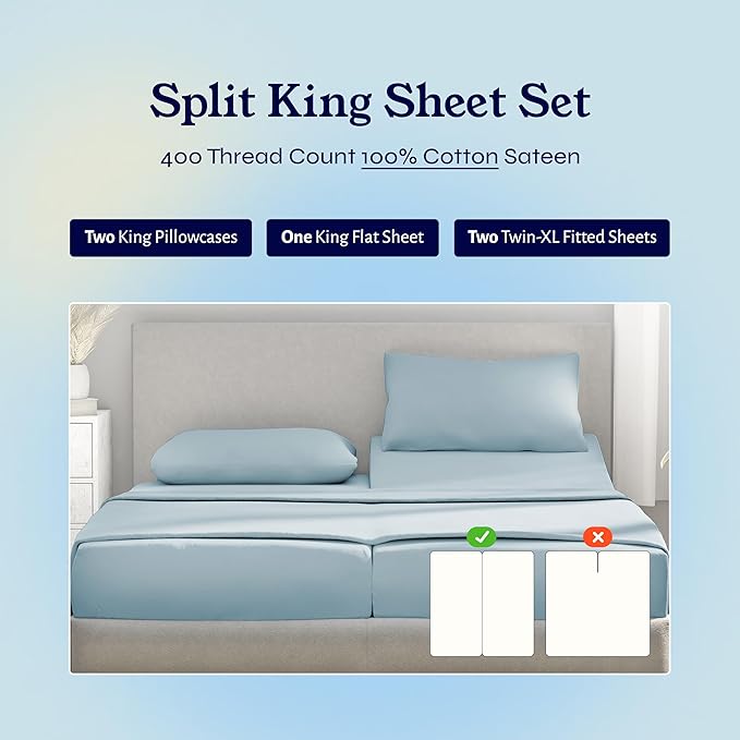 California Design Den Split King Sheets Sets for Adjustable Bed - Soft 400 Thread Count Sateen, Natural 100% Cotton Sheets with Deep Pockets, Breathable, and Durable Bedding Set - Sky Blue CaliforniaDesignDen