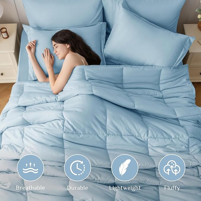 JOLLYVOGUE Full Comforter Set, Ultra-Soft Bed in a Bag Full Size 7 Pieces, Oeko-TEX Certified Bedding Set with Down Alternative Comforter, Sheets, Pillowcases & Shams, Lake Blue