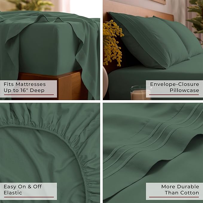 Mellanni Twin XL Sheet Set - 4-Piece Iconic Collection Bedding, (Including 2 Pillowcases), 16-Inch Deep Pocket, Easy Care, Extra Soft, Cooling Sheets, Brushed Microfiber - Emerald Green