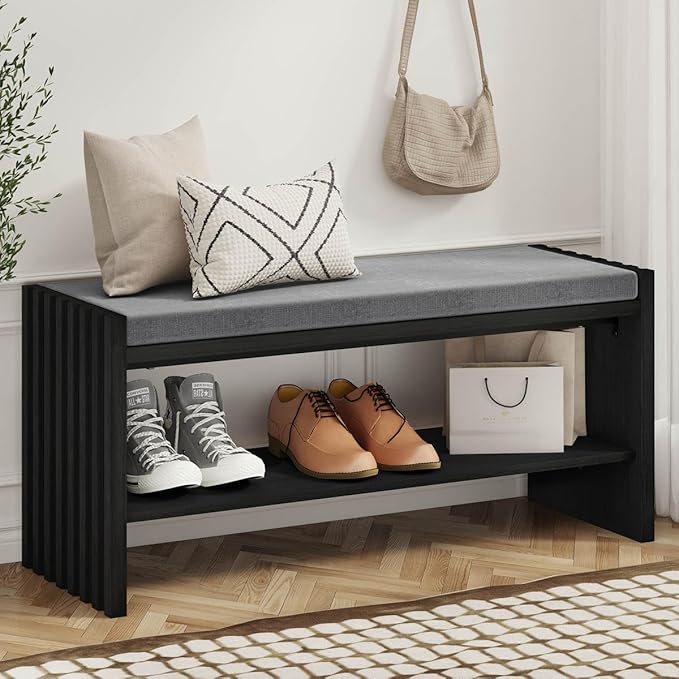 BON AUGURE Storage Bench, Entryway Bench with Shoes Storage, Wooden Benches with Seat Cushion, Shoe Rack Benches for Entry, Entrance, Front Door (Black Oak, 40 Inch Wide)