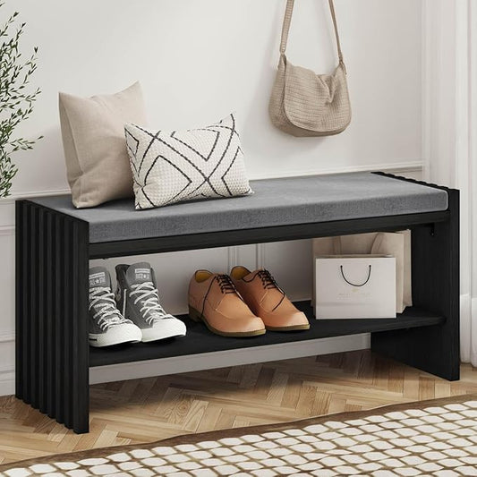 BON AUGURE Storage Bench, Entryway Bench with Shoes Storage, Wooden Benches with Seat Cushion, Shoe Rack Benches for Entry, Entrance, Front Door (Black Oak, 40 Inch Wide)