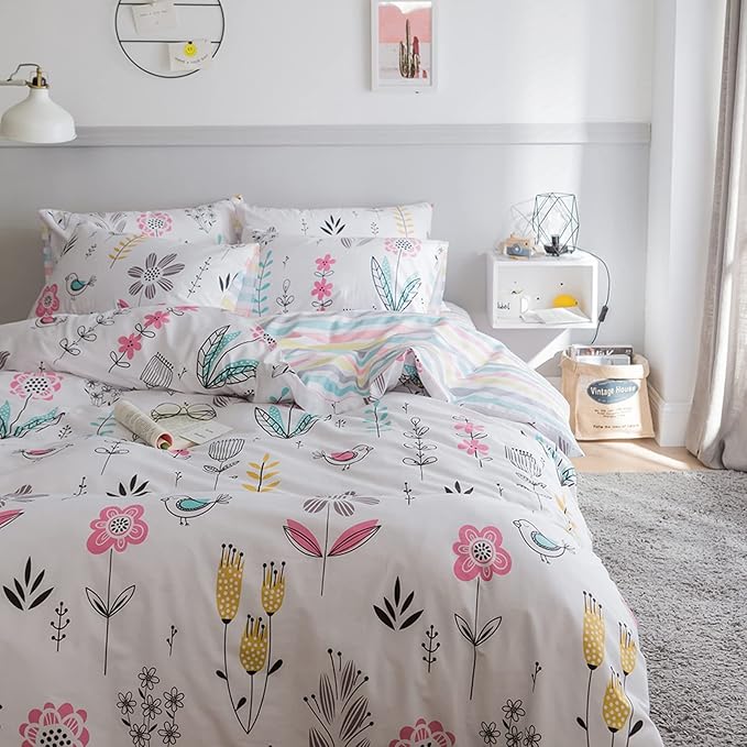 HighBuy Floral Printed Bedding Set Twin XL Duvet Cover Girls Cotton Comforter Cover Twin XL Size Garden Aesthetic Reversible Striped Bedding Sets 3 Piece Boho Comforter Cover Duvet Cover Set