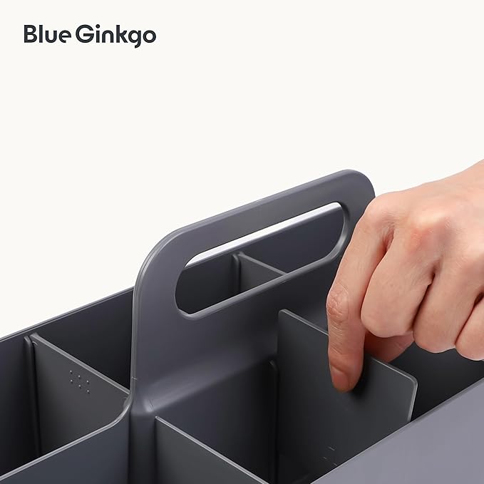 BLUE GINKGO Stackable Organizer Caddy – Korean-Made Portable Tote for Bathroom, Office, Crafts, or School Supplies (Long Rectangle, Gray)