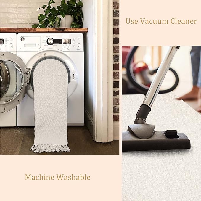 Lahome Boho Rugs for Entryways, 3x5 Kitchen Rug Lightweight Bedroom Rugs Washable Bath Mat with Tassels, Farmhouse Cotton Beige Living Room Low Pile Throw Rug for Laundry Office Decor