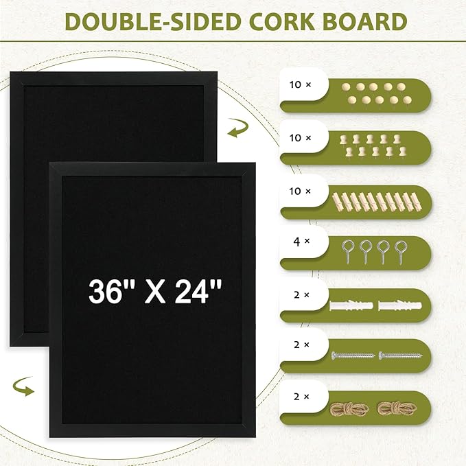 Double-Sided Black Cork Board with Linen, 36" x 24" Hanging Wood Framed Large Bulletin Board, Picture Display Vision Board Kit Corkboards for Wall Room School Office Decor, 20 Pushpins