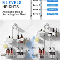 Adjustable Shower Caddy Hanging for Handheld Showerheads - Never Rust Shower Hanging Organizer, Upgraded Bathroom Shower Rack with Soap Basket, Hooks and Toothbrush Holder (Silver)