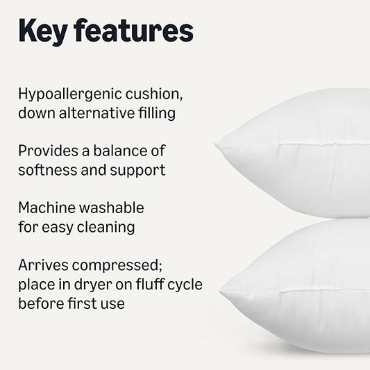 Amazon Basics Square Hypoallergenic Pillow Insert, Sofa Bed Couch Decorative Stuffer, 18", 2 Pack