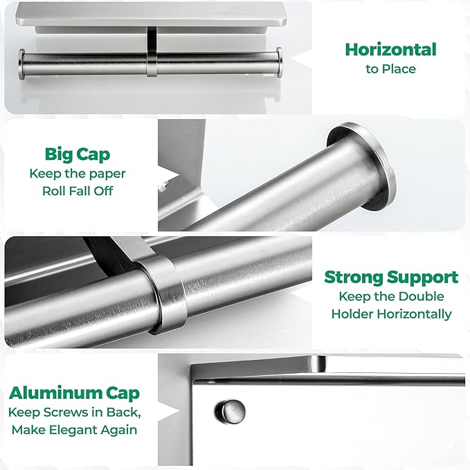 Toilet Paper Holder - Aluminium Double Roll Toilet Tissue Holder with Mobile Phone Shelf for Bathroom, 3M Self Adhesive No Drilling or Wall-Mounted, Rustproof Modern Style Brushed Nickel