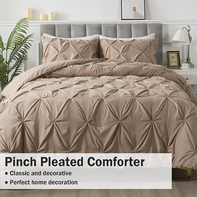 Andency Taupe Comforter Set Full, 3 Pieces Pinch Pleat Bedding Comforters & Sets, Soft Lightweight All Season Bed Set for Kids, Adults(79x90Inch)