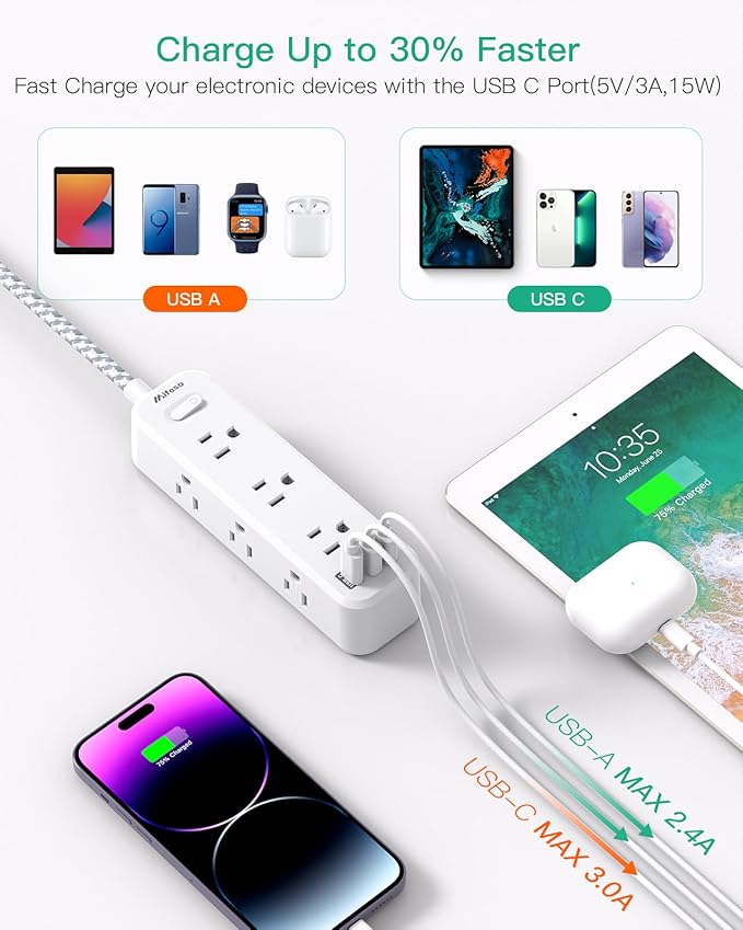 Mifaso Extension Cord, Surge Protector Power Strip, Long Extension Cord with 9 Outlets 3 USB Ports, Extension Cord with Multiple Outlets, USB Power Strip for Dorm Room Essentials, College(10FT, White)
