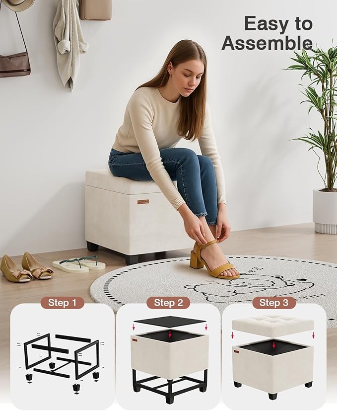 17.7 inches Velvet turfed Ottomans Cube with Storage, Metal-Framed Square Linen Storage Ottoman Foot Rest Stool Holds 770 LB for Dorm Living Room Bedroom White UASND64W