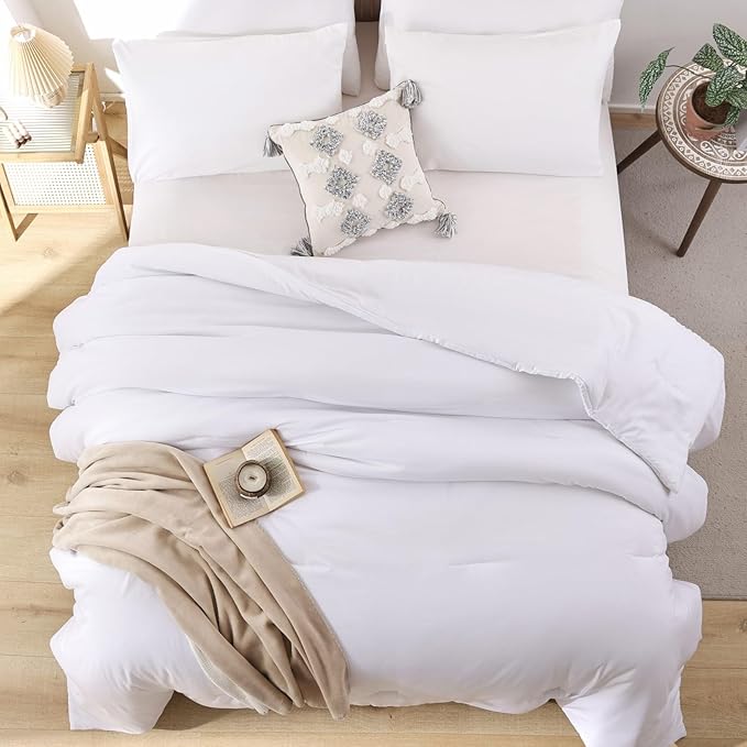 ROSGONIA King Size Comforter Set White, 3pcs(1 Boho White Comforter King & 2 Pillowcases) All Season Bedding Lightweight Hotel Bedspread Blanket