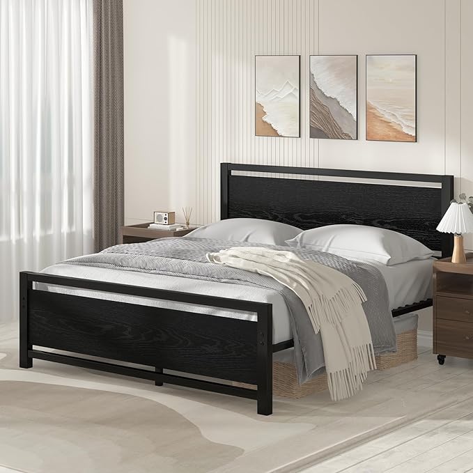 Queen Bed Frame with Headboard, Industrial Style Queen Size Bed Frames, Queen Size Bed Frame with Wooden Footboard, No Box Spring Needed, Noise-Free, Easy Assembly, Black